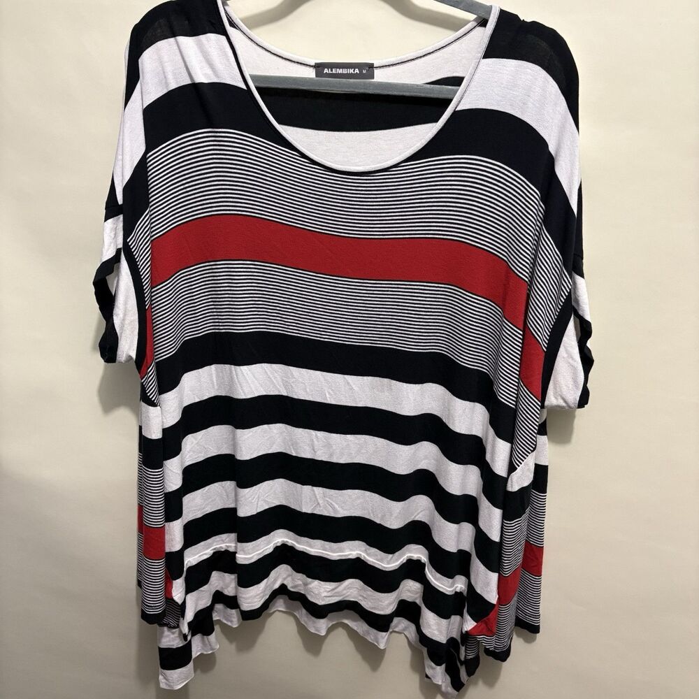 Alembika Jersey Knit Tunic Top Medium Red Black White Stripe Lagenlook Artsy - Picture 1 of 9